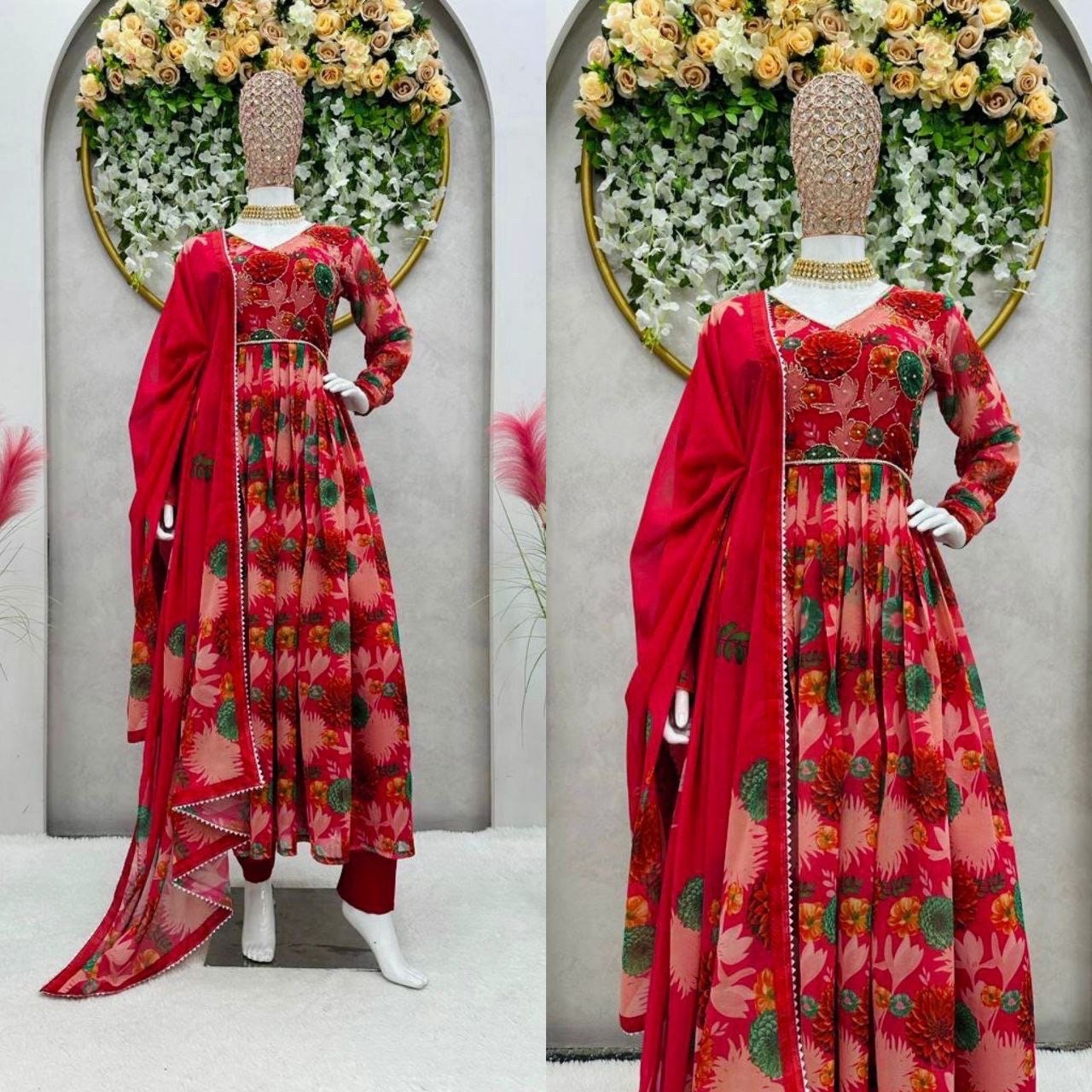 Red Printed Anarkali Salwar Kameez for Women, Designer Indian