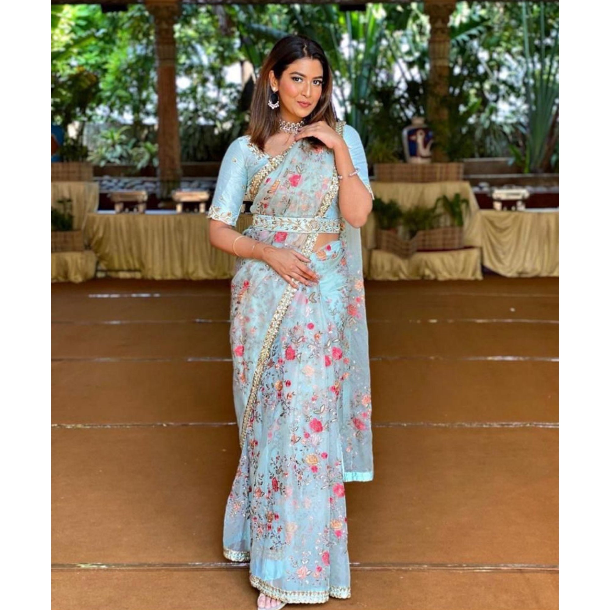 Floral Organza Silk Saree With Belt, Indian Wedding Mehendi Sangeet  Festival Party Wear Saree, Saree With Stitched Blouse, Readymade Saree -   Canada
