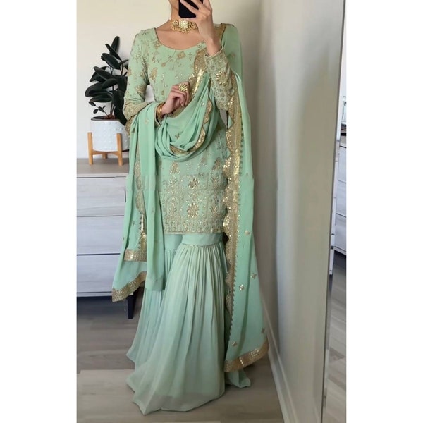 Green Indian Pakistani Wedding Sharara Suit, Readymade Stitched Salwar Suit, Gharara Suit, Salwar Kameez For Women And Girls