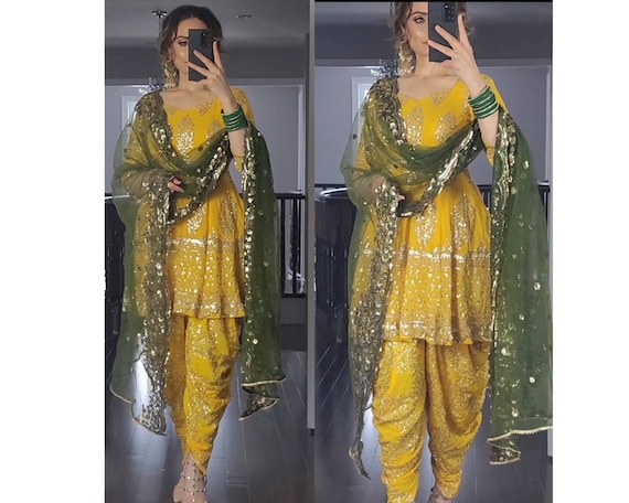 Yellow Dola Jacquard Kurta set with shantoon pant and jacquard dupatta with  neck handwork and Zari Weaving All Over | Kishori