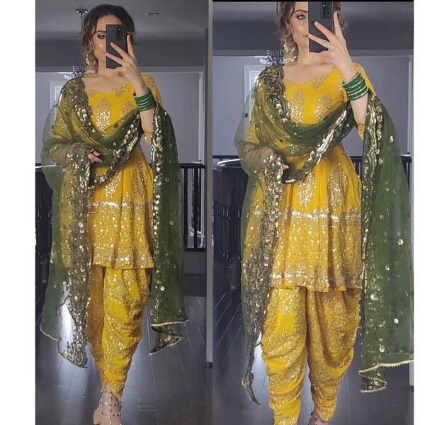 Yellow Punjabi Dhoti Salwar Kameez With Heavy Embroidery Work For Women, Ready To Wear Stitched Salwar Suit, Indian Wedding Suits