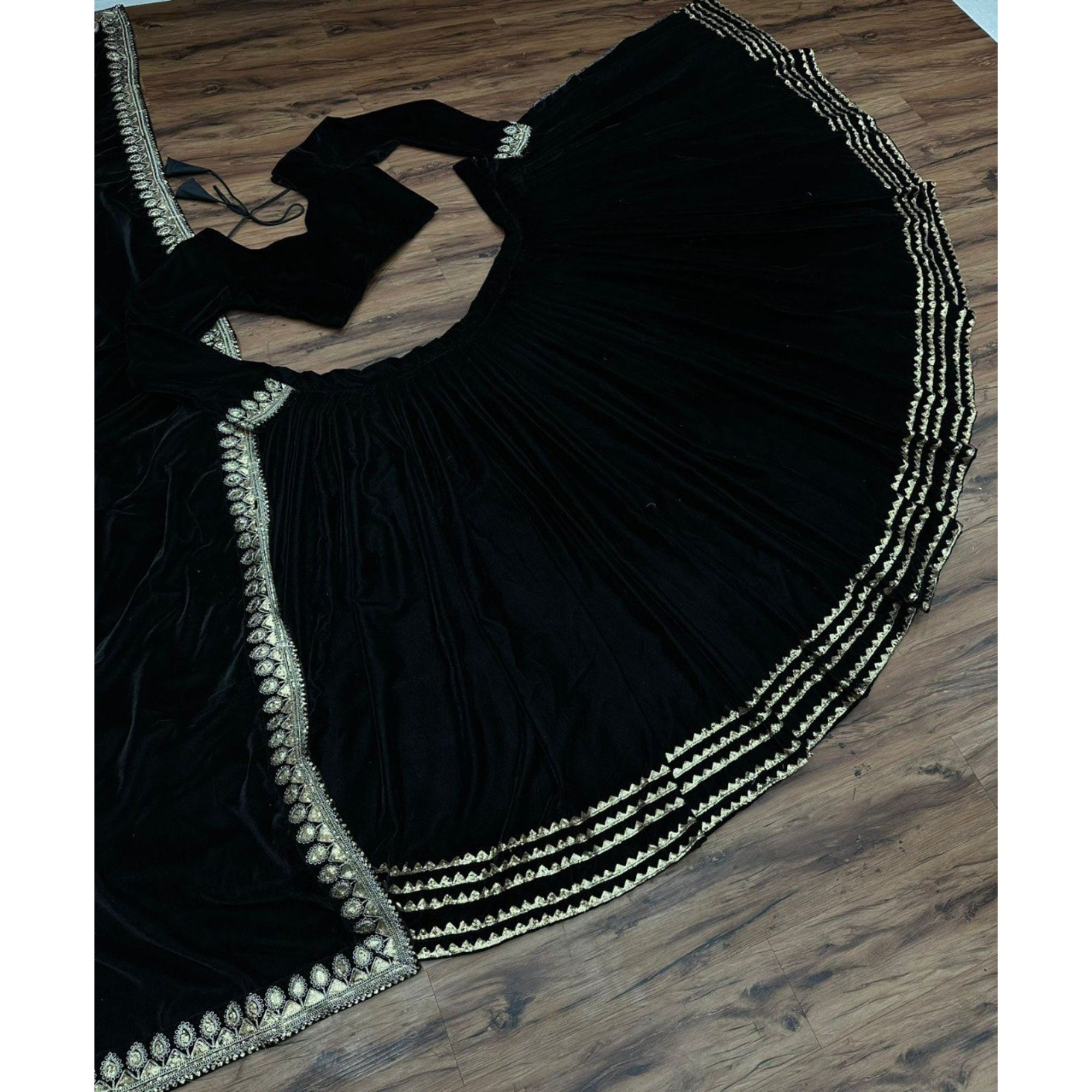 Velvet Lehenga Blouse with Sequins Embroidery & Net Dupatta Glamorous Ethnic Set - Buy main image 1
