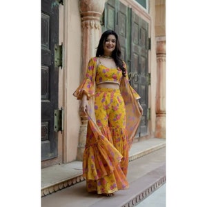 Yellow Indowestern Sharara Outfit With Crop Top And Jacket, Indian Wedding Mehendi Sangeet Party Wear Outfit, Trendy Indian Dresses