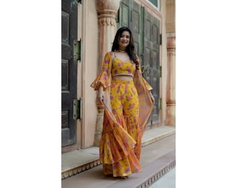 Yellow Indowestern Sharara Outfit With Crop Top And Jacket, Indian Wedding  Mehendi Sangeet Party Wear Outfit, Trendy Indian Dresses