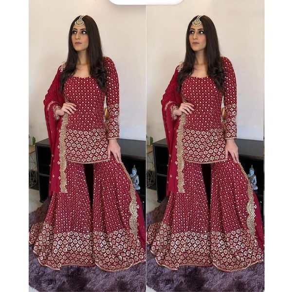 Maroon Stitched Sharara Suit, Readymade Salwar Kameez, Indian Wedding Reception Karwachauth Party Wear Salwar Suit, Pakistani Dress