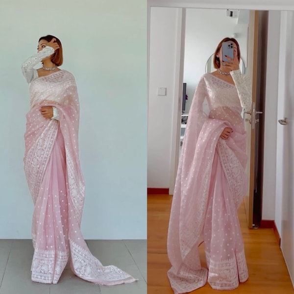Baby Pink Organza Saree With White Blouse, Indian Wedding Mehendi Sangeet Bridesmaids Party Wear Saree, Stitched Indian Saree