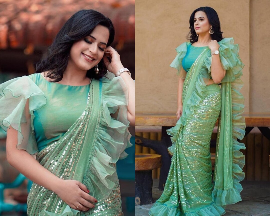 Designer Green Sequins Ruffle Saree Indian Wedding Party Wear