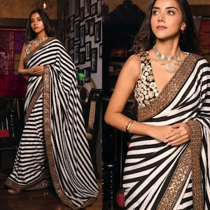 Black And White Striped Saree With Heavy Embroidery Blouse, Indian Sarees For Women, Designer Party Wear Saree