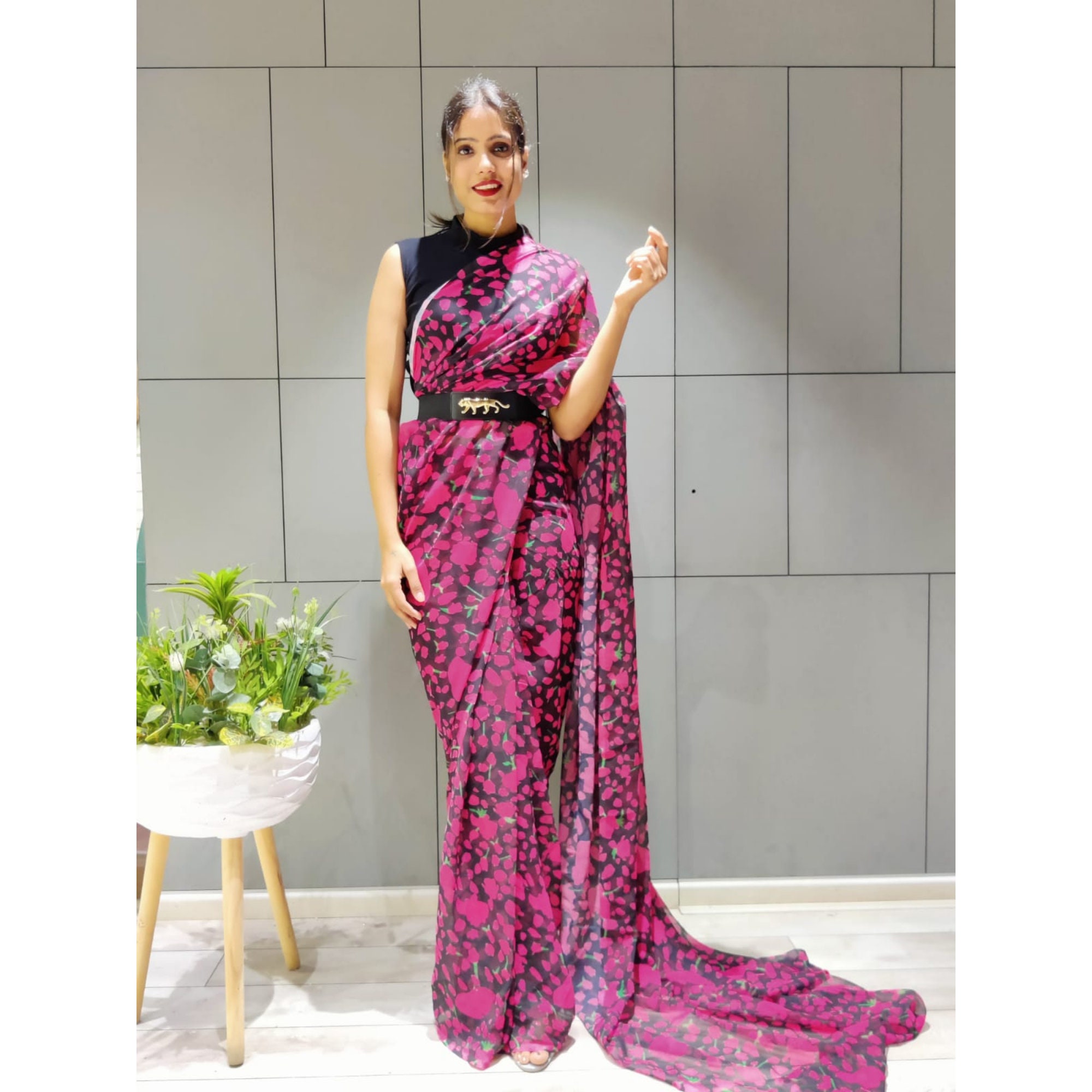 Maroon Printed Pant Saree with Blouse and Belt – Estie Couture