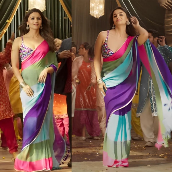 Alia Bhatt Inspired Multicolor Georgette Saree, Jhumka Gira Re Saree, Alia Bhatt Viral Saree, Bollywood Ready To Wear Saree
