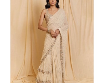 Designer Ruffles Indian Sarees For Wedding Mehendi Sangeet Bridesmaids Reception Cocktail Party Wear, Stitched Ready To Wear Saree