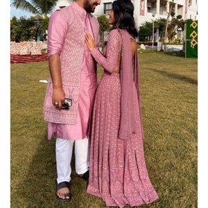 Indian Couples Outfit Combo, Chikankari Designer Lehenga Choli With Men's Kurta Pajama Jacket, Indian Men's Wear, Color Can Be Customized