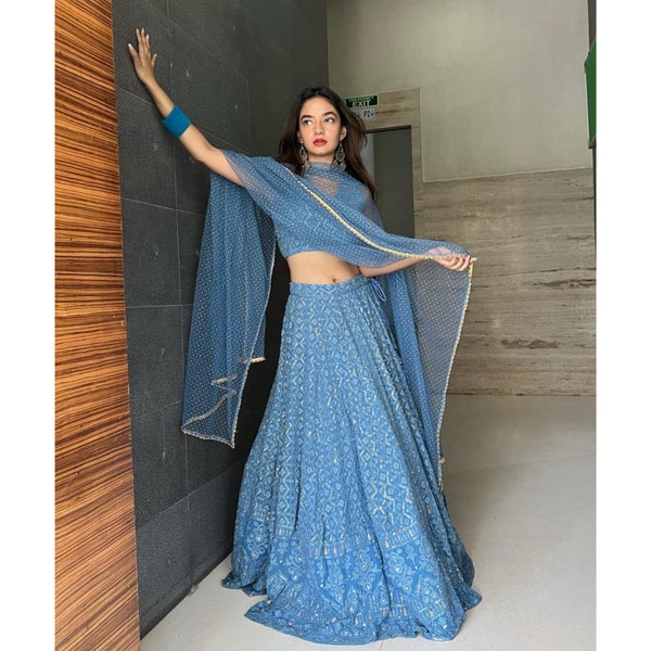 Blue Indian Lehenga Choli For Women, Lucknowi Work Designer Lehenga Choli, Stitched Lehenga Choli, Lehenga Blouse, Ready To Wear