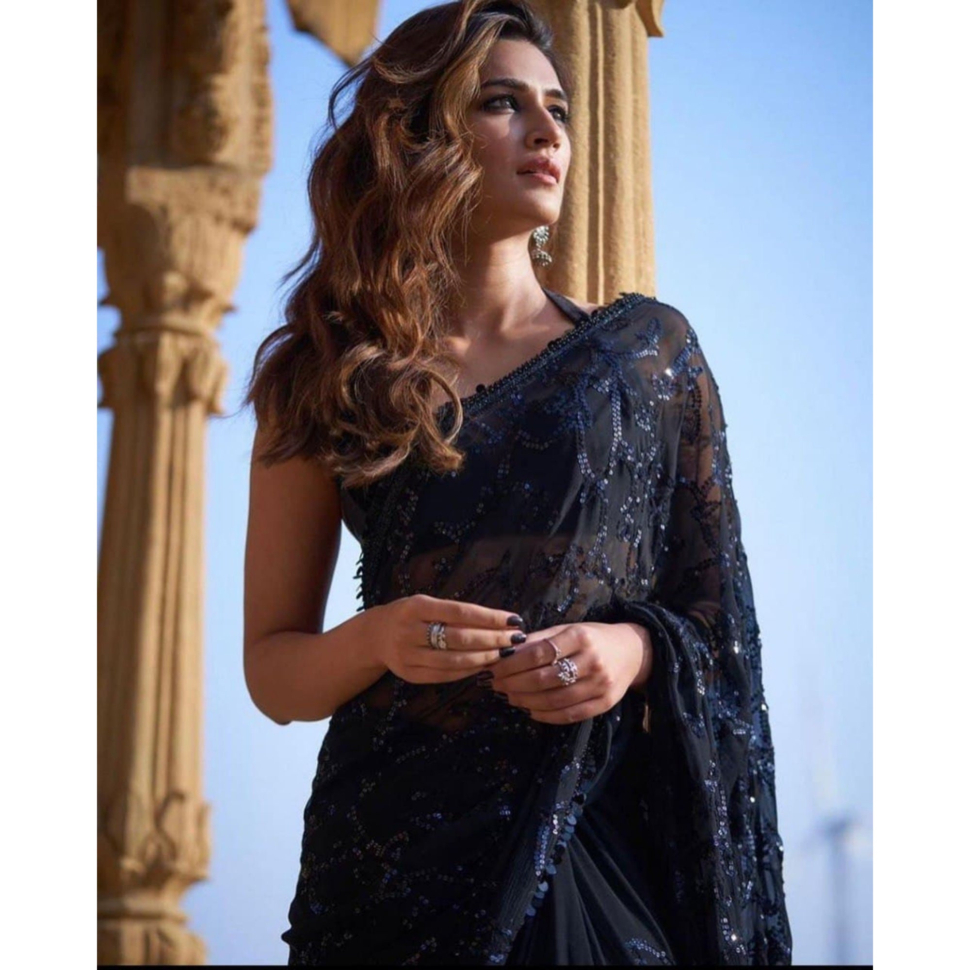 Black Sequin Embroidered Pre-Stitched Saree - Absolutely Desi