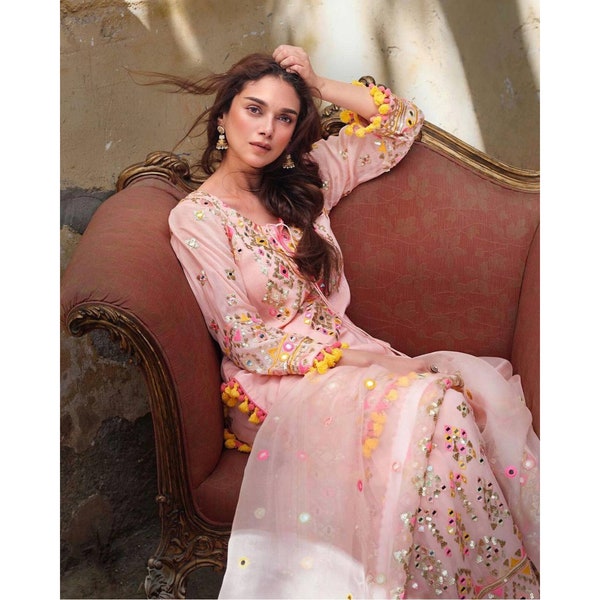 Pink Sharara Suit With Embroidery Sequins And Mirror Work With Pompom Lace Border, Readymade Stitched Salwar Suit, Gharara Suit