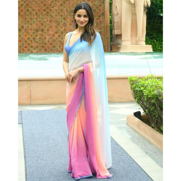 Alia Bhatt Inspired Multicolor Georgette Saree, Bollywood Saree, Alia Bhatt Ombre Saree, Ready To Wear Saree, Viral Saree