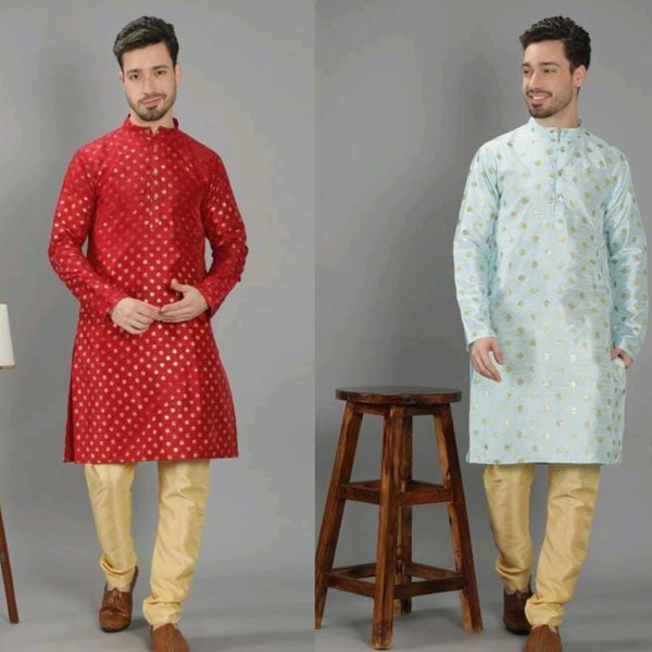 Gouden folie print Kurta pyjama voor mannen, Indiase mens Kurta pyjama, Indiase etnische slijtage voor mannen, kant-en-klare Indiase Kurta pyjama set