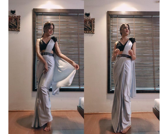 Black or Grey Plain Ready to Wear Pre-Stitched Silk Saree Dress WITH BLOUSE  - WHITE FIRE - 3844654