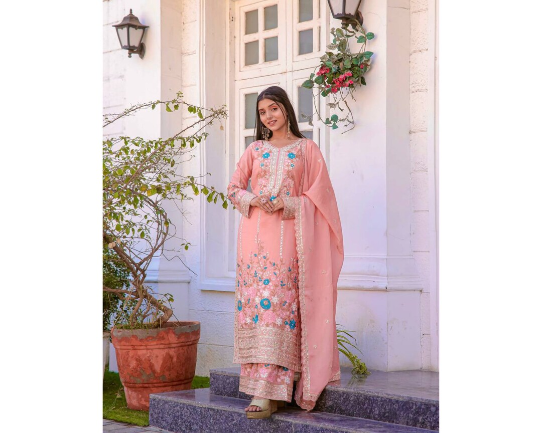 Heavy Muslin Silk Peach Salwar Kameez Suit Anarkali Bottom main image 1