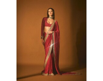 Ananya Pandey Inspired Red Designer Saree For Women, Indian Wedding Party Wear Saree, Karvachauth Saree, Ready To Wear