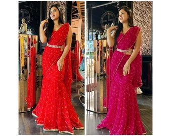 Ready To Wear Saree With Mirror Work Belt, Skirt Style Prestitched Saree, Indian Wedding Mehendi Sangeet Reception Party Wear Saree