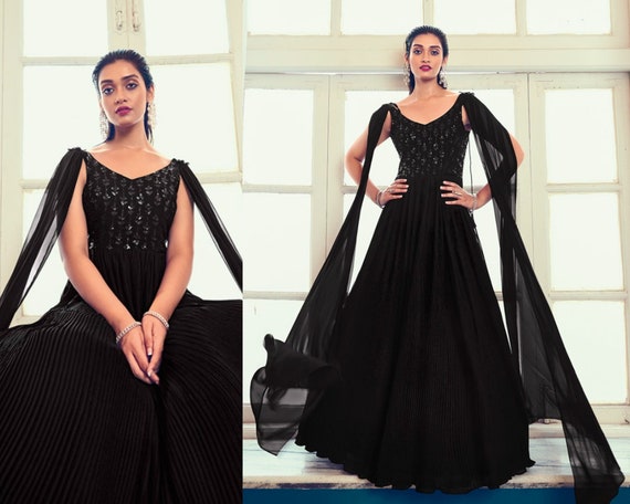 BridalTrunk - Online Indian Multi Designer Fashion Shopping GREYISH BLUE  HALTER NECK CAPE SLEEVES GOWN