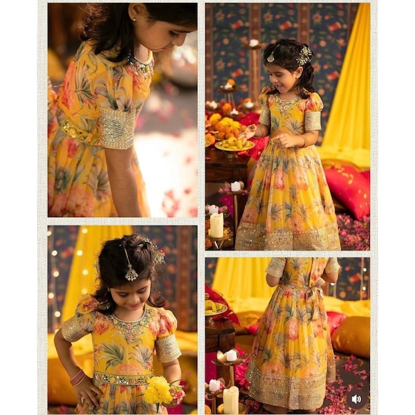 Yellow Indian Kid's Gown With Belt, Indian Wedding Dresses For Girls, Readymade Kids Dresses, Designer Suits For Kids