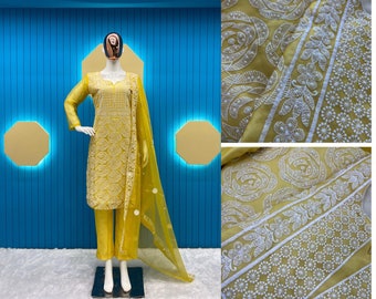 Yellow Salwar Kameez With Embroidery And Pearl Work For Women, Ready To Wear Stitched Salwar Suit, Indian Wedding Suits