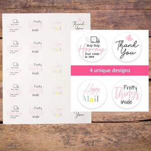 May include: Four round sticker designs for small businesses. The stickers feature pink and white text with a variety of designs including a truck, a flower, and the words "Happy Mail" and "Pretty Things Inside".