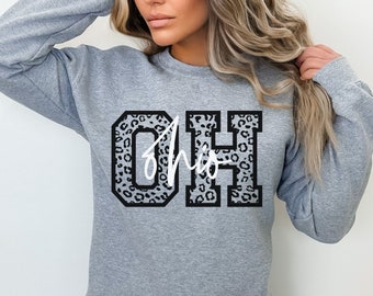 OH Ohio Sweater - Ohio Crewneck Pullover Sweatshirt - Leopard Print - State Sweatshirt - Ohio Shirt - Ohio State Cute Tee - Ohio Grad Gift