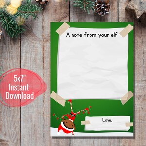 May include: A 5x7 inch instant download Christmas-themed note from an elf. The green background features a white paper with the text "A note from your elf" and "Love," with an illustration of an elf.
