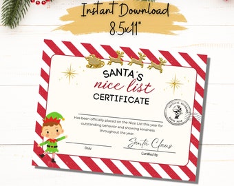 May include: A festive Santa's Nice List Certificate, 8.5x11 inches, with a red and white striped border. The certificate features gold reindeer, stars, and an elf illustration. Text includes "Instant Download" and "Santa's Nice List Certificate."