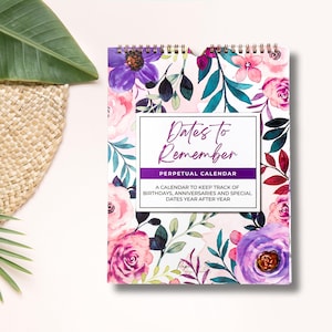 XL- Large Perpetual Floral Wall Calendar for Birthdays and Anniversaries -12 Months - Dates to Remember - Important & Special Days - 8.5x11&quot;