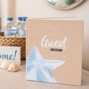 Beach Short Term Rental Guest Book -Vacation Home Registry -Guestbook for Airbnb -Beige Linen Hardcover Book -Summer Lake Home - Beach Decor