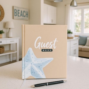 Beach Short Term Rental Guest Book -Vacation Home Registry -Guestbook for Airbnb -Beige Linen Hardcover Book -Summer Lake Home - Beach Decor