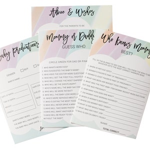 INSTANT DOWNLOAD Baby Shower Rainbow Design Gender Neutral Games - Set of 4 Games - Rainbow Baby - Who Know&#39;s Mommy Best - Well Wishes -