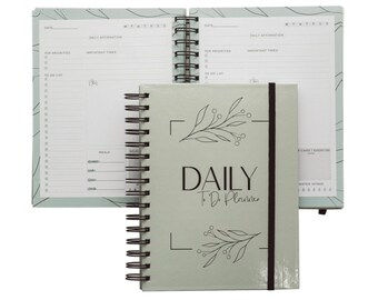 Printed Daily To Do Notebook - 6.5x8.5" - Cute Checklist Planner Green with Black Spiral Binding & Elastic Band- 140 undated days- Giftable