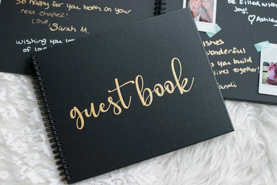 IMPERFECT SALE Black & Gold Guest Book with Blank Pages for Polaroid Photos Spiral Binding Weddings, Showers, Parties, Funerals, Graduation