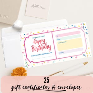 25 chèques-cadeaux vierges - Joyeux anniversaire - 3,75 x 7,5 pouces - Certificats sur papier cartonné épais avec enveloppes - IMPRIMÉS