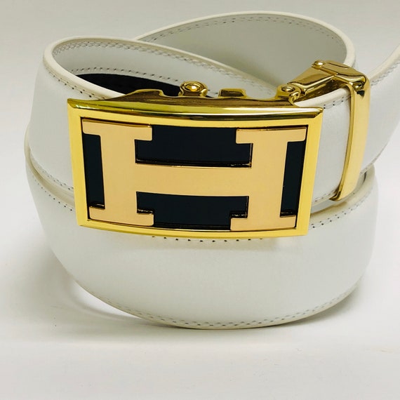Men/'s Leather Dress Belt Exact Fit Automatic Buckle Ratchet Round Gold Buckle