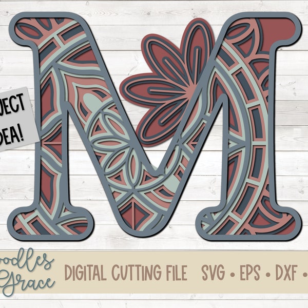 3D Letter M Mandala SVG | Layered Alphabet Mandala SVG | Paper Crafting SVG Files | 3D Layered Mandala cut file | svg | dxf | eps | png