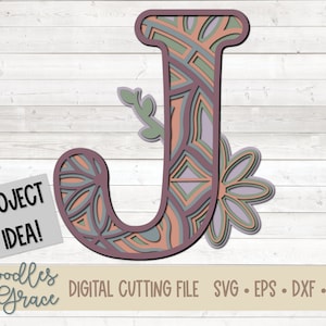 3D Letter J Mandala SVG | Gelaagde alfabet Mandala SVG | Papier Crafting SVG-bestanden | 3D-gelaagde Mandala-bestand knippen | SVG | dxf | eps | png