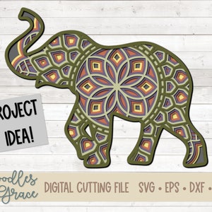 Elefante 3D Mandala SVG / Elefante a strati Mandala SVG / File SVG per creazione di carta / Animale 3D Mandala a strati taglia file / svg / dxf / eps