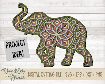 Elephant 3D Mandala SVG | Elephant Layered Mandala SVG | Paper Crafting SVG File | Animal 3D Layered Mandala cut file | svg | dxf | eps