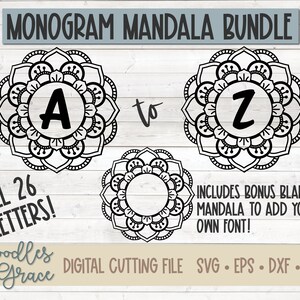 Könnte beinhalten: Ein Set mit 26 Monogramm-Mandala-Designs, mit den Buchstaben A bis Z, in Schwarzweiß. Das Design enthält ein zusätzliches leeres Mandala, um Ihre eigene Schriftart hinzuzufügen. Digitale Schneidedatei, SVG, EPS, DXF, PNG.