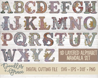 3D Alphabet Mandala SVG Bundle | Layered Alphabet Mandala SVG | Paper Crafting SVG Files | 3D Layered Mandala cut file | svg | dxf | eps