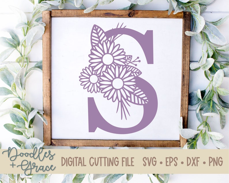 May include: A purple letter S with a floral design. The letter is surrounded by stylized flowers and leaves. The image includes the text "Doodles + Grace DIGITAL CUTTING FILE SVG - EPS - DXF - PNG".