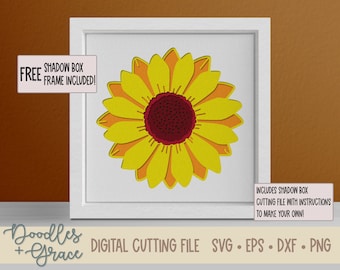 Caja de sombras de girasol en capas 3D SVG / Mandala de girasol SVG / Caja de sombras florales SVG / decoración de girasol diy / Archivo de corte de decoración de pared de girasol