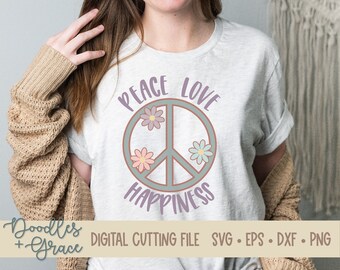 Peace Love and Happiness SVG | Peace Sign SVG | Retro Daisy Cutting File | Peace Love File for Cricut | Peace Clipart | Happiness SVG