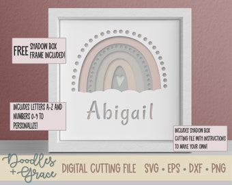 3D personalisierte Regenbogen Schatten Box SVG | Boho Regenbogen SVG | Name Schattenbox SVG | DIY Boho Regenbogen Dekor | Boho Regenbogen-Schnittdatei